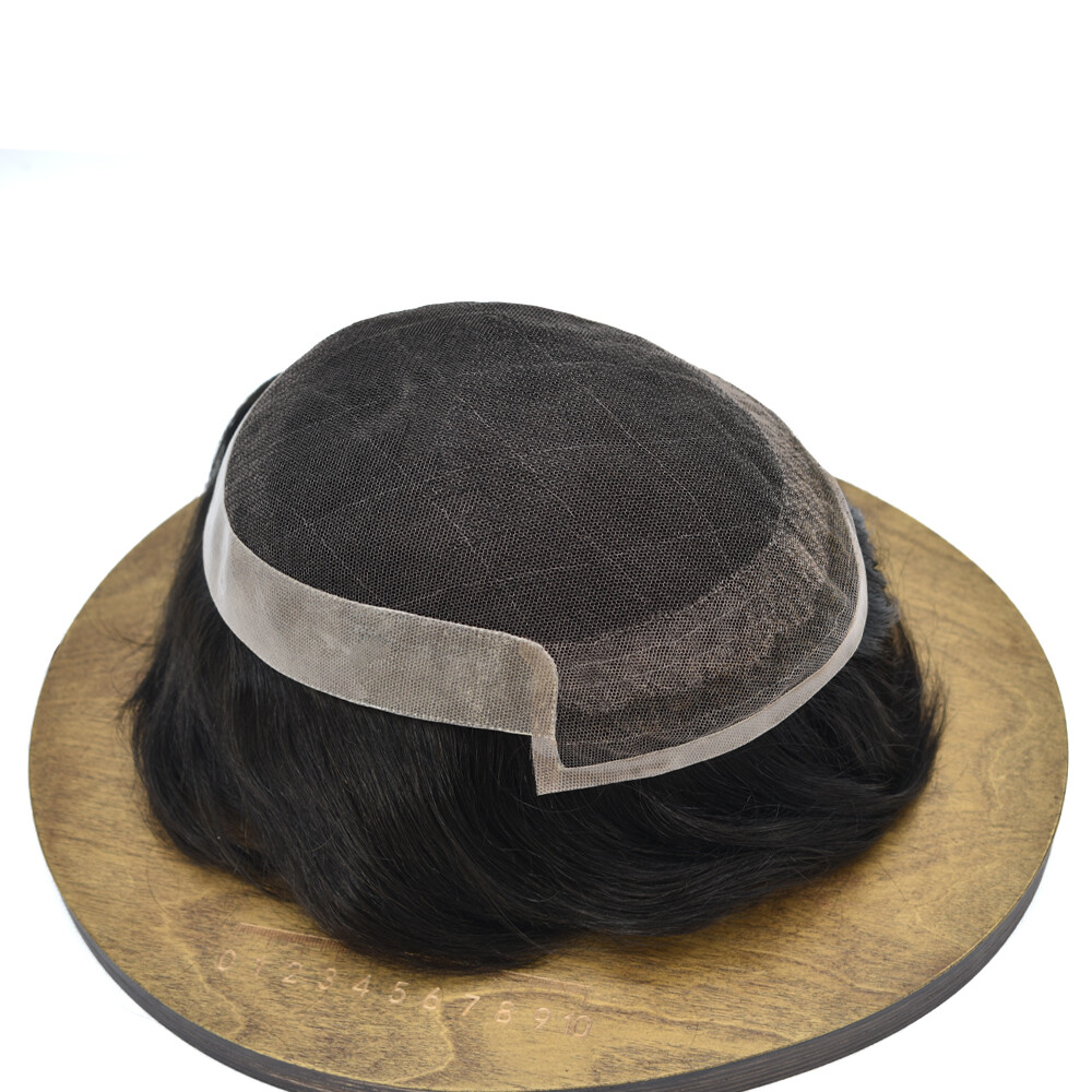 Mens Toupee French Lace Front Hairpiece Poly Skin PU Hair System Replacement Wig