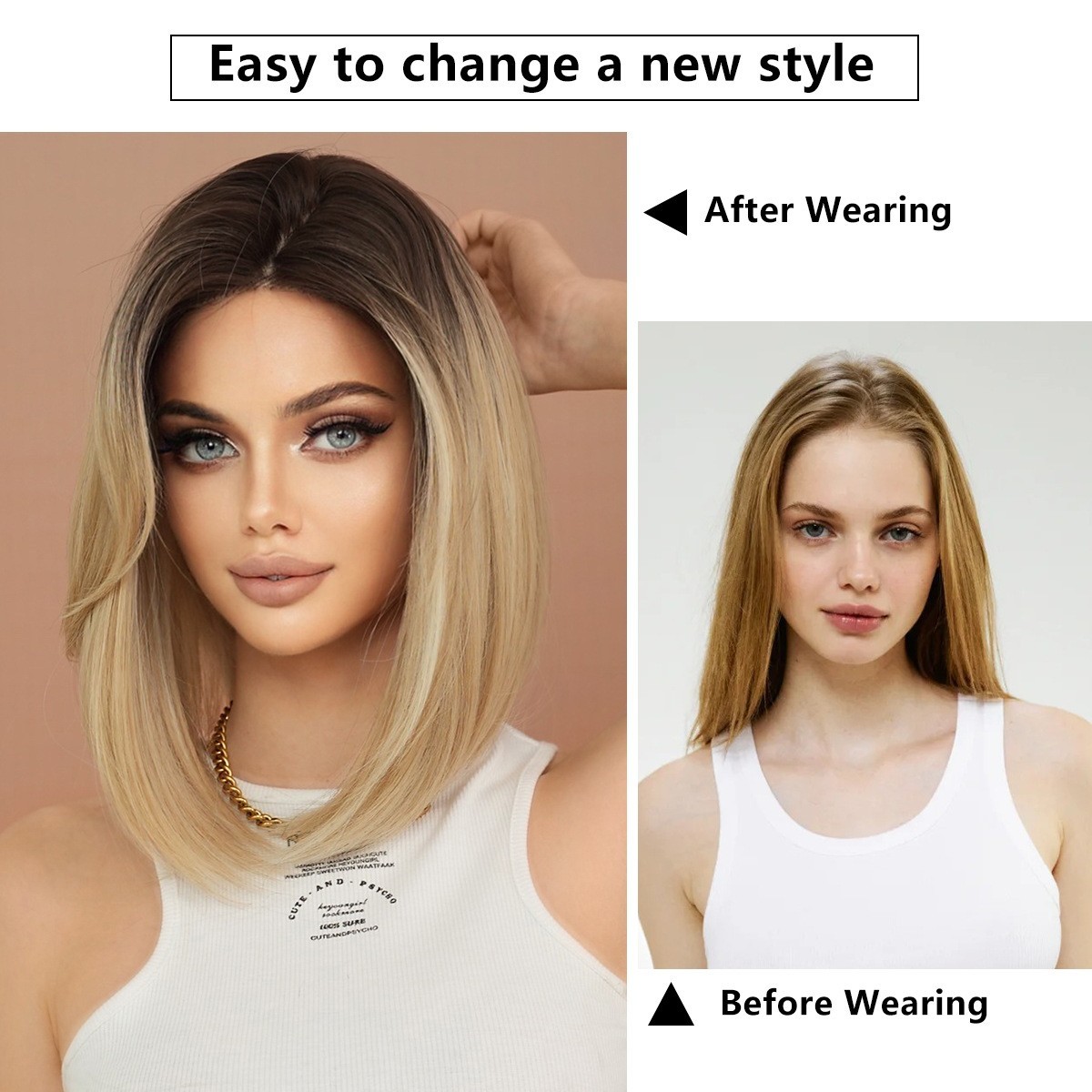 Ombre Blonde Bob Wigs for Women Girls Cosplay Party Daily Short Straight Bob Wig