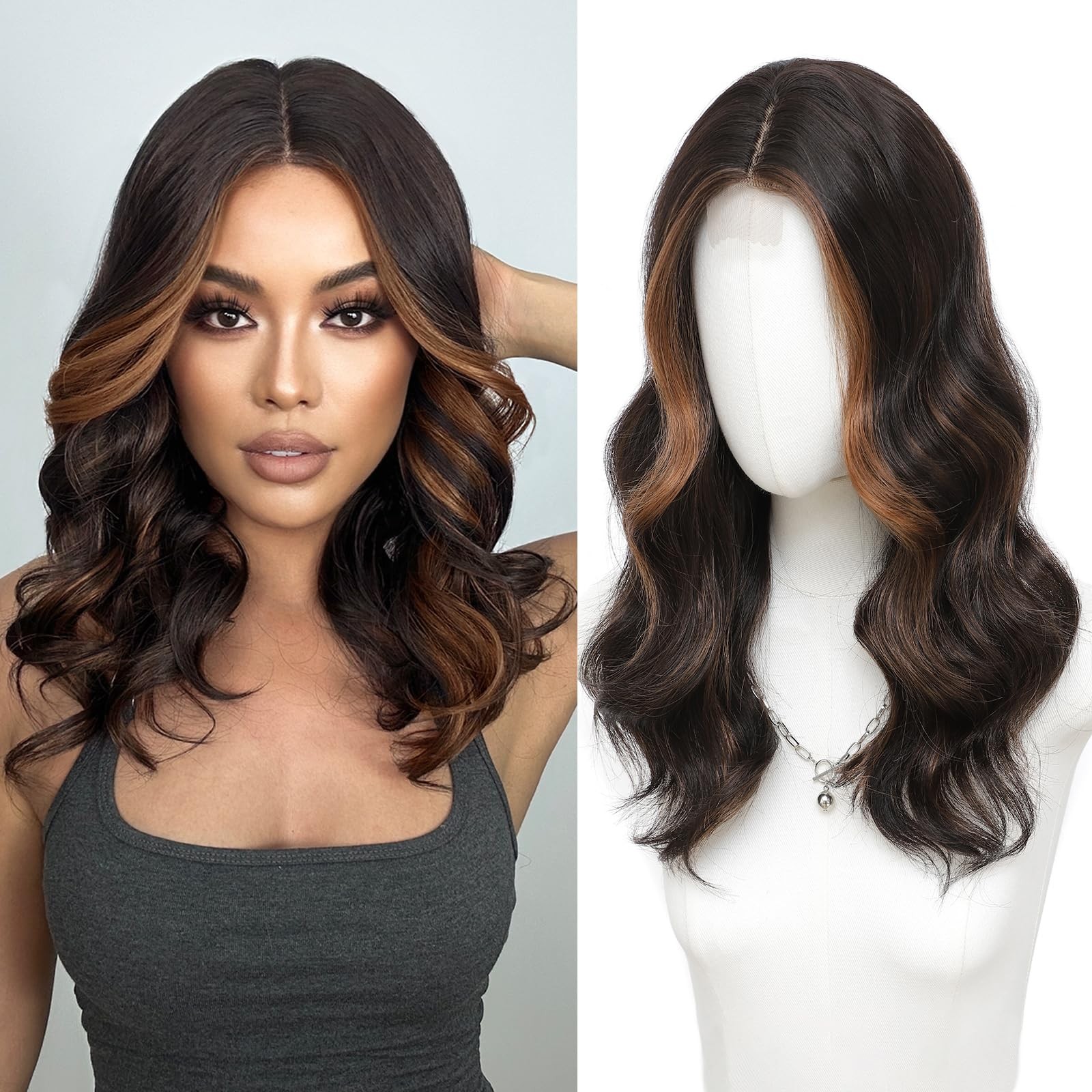 Dark Brown Hightlight Wigs for Women 18 Inch Middle Part Medium Length Short …