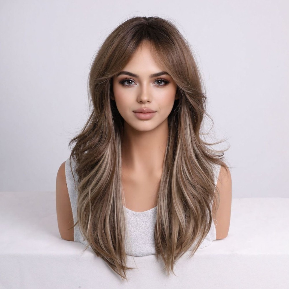 21in Brown to Blonde Ombre Wavy Layered Wig Center Part Heat Resistant Full Cap