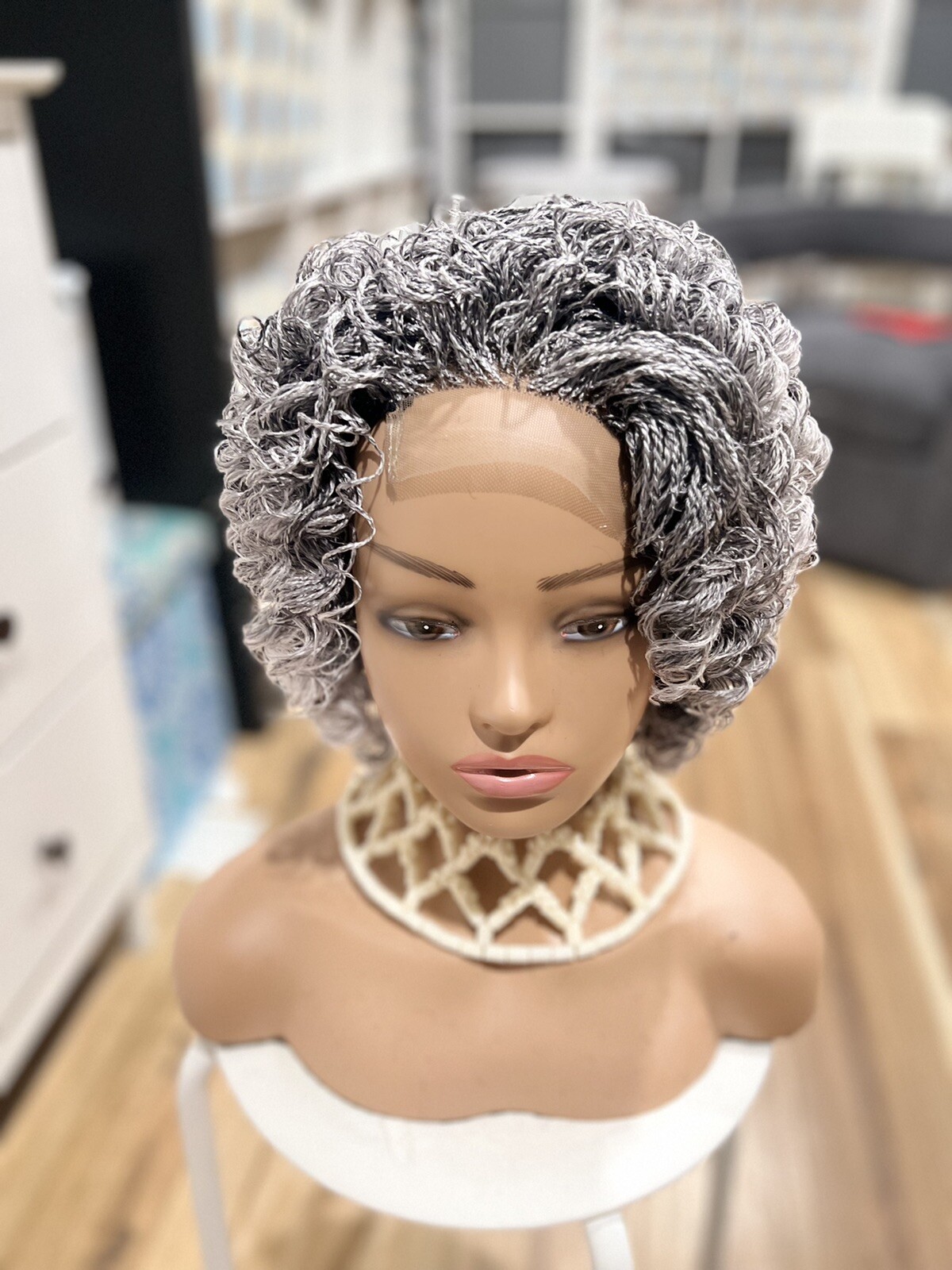 Braided Micro Twist Curly Gray Wig. Stays Curly Just As Pictures.READY TO SHIP.