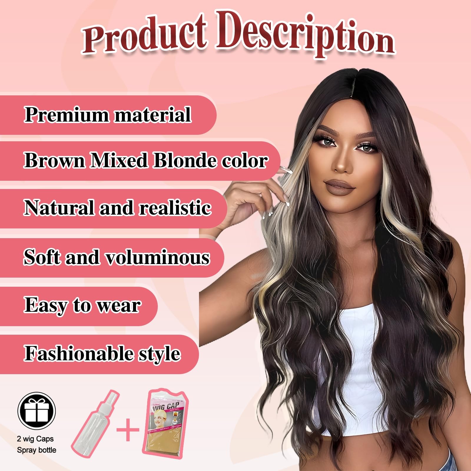 Long Wavy Wig for Women 26 Inch Middle Part Curly Wigs with Lace Hairline Syn…
