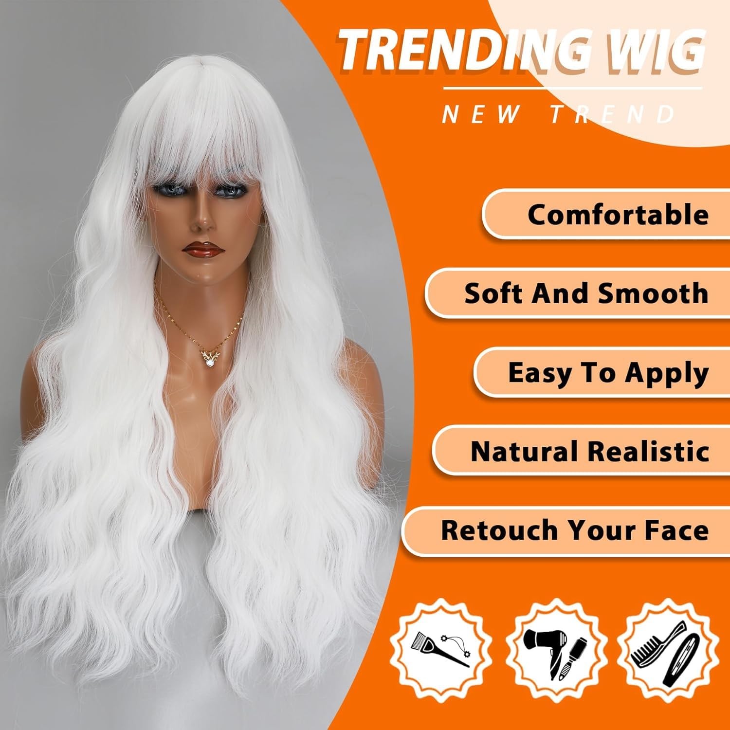 Long Wavy White Wigs for Women 26 Inch White Wig with Bangs Natural Looking S…
