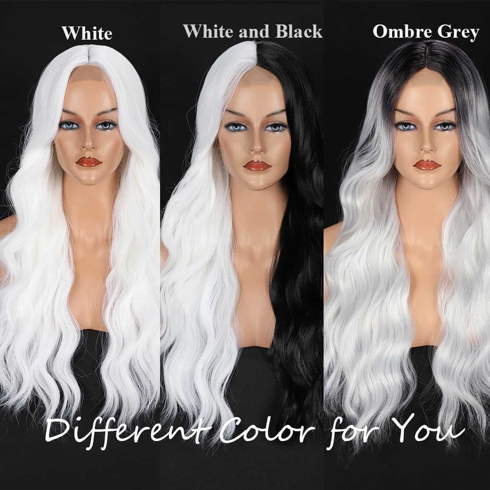 White Wigs for Women 26 Inch White Long Wavy Wig Middle Part Glueless Lace Wi…