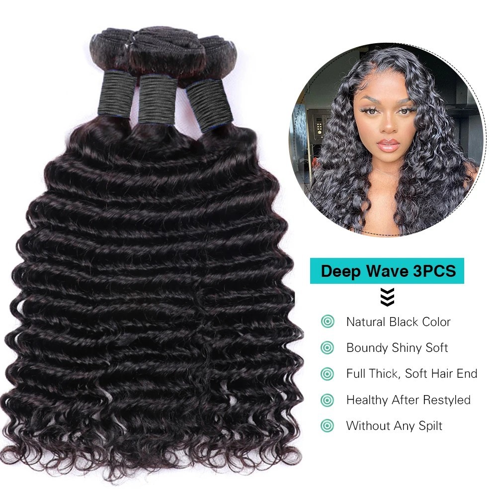 3PCS Luxury Deep Wave 100 % Remy Human Hair Bundles Natural Color Beauty Gift