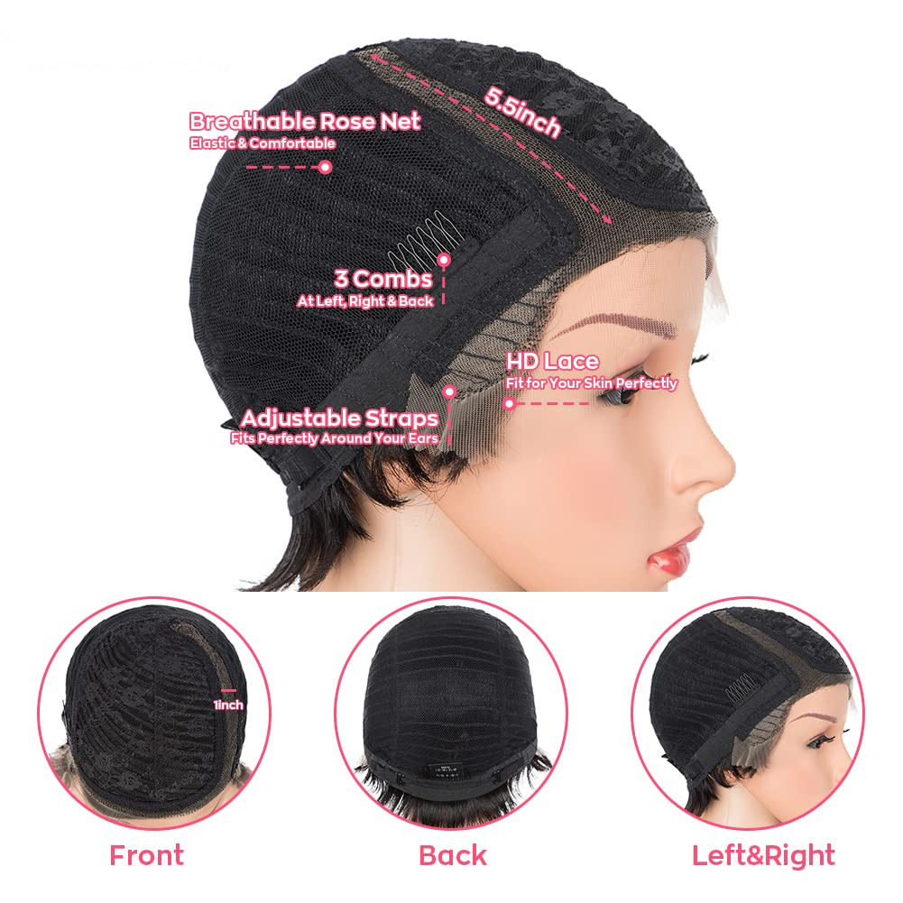 Short Pixie Lace Front Wig, Side Part, HD Lace, Pre-Plucked, Natural Color