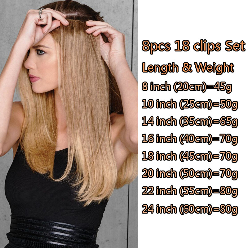 8PCS Clip In Hair Extensions 100% Real Soft Human Hair Weft Any Color 14″-24″ US