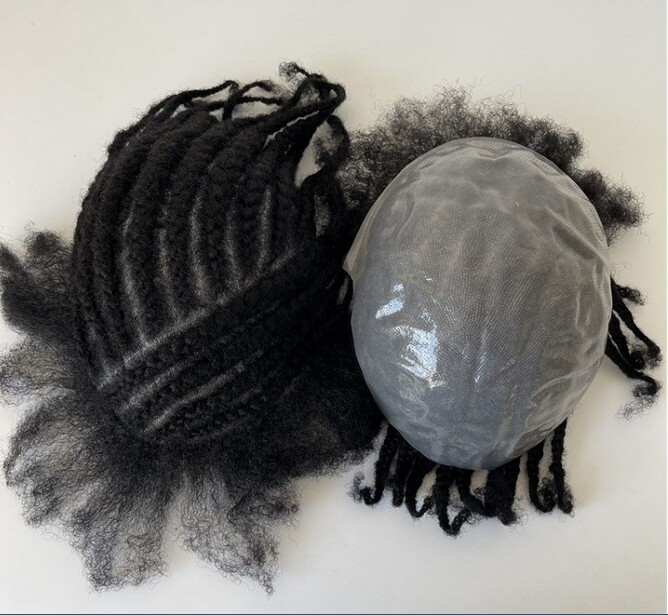 Afro Curly Braids Toupee 8×10 Full PU Hairpiece for Men Topper Human Hairpiece