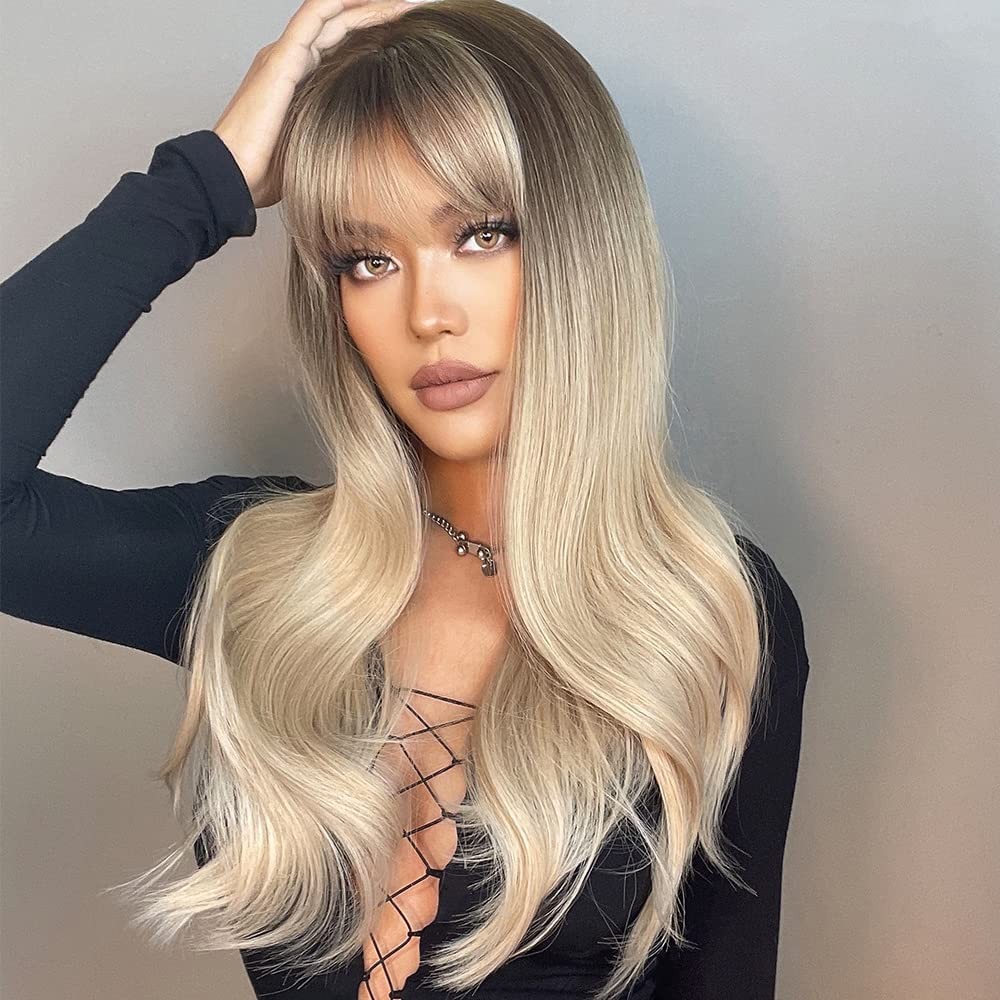 Long Wave Blonde Wig with Bangs,Ombre Blonde Wigs for Women Heat Resistant Fi…