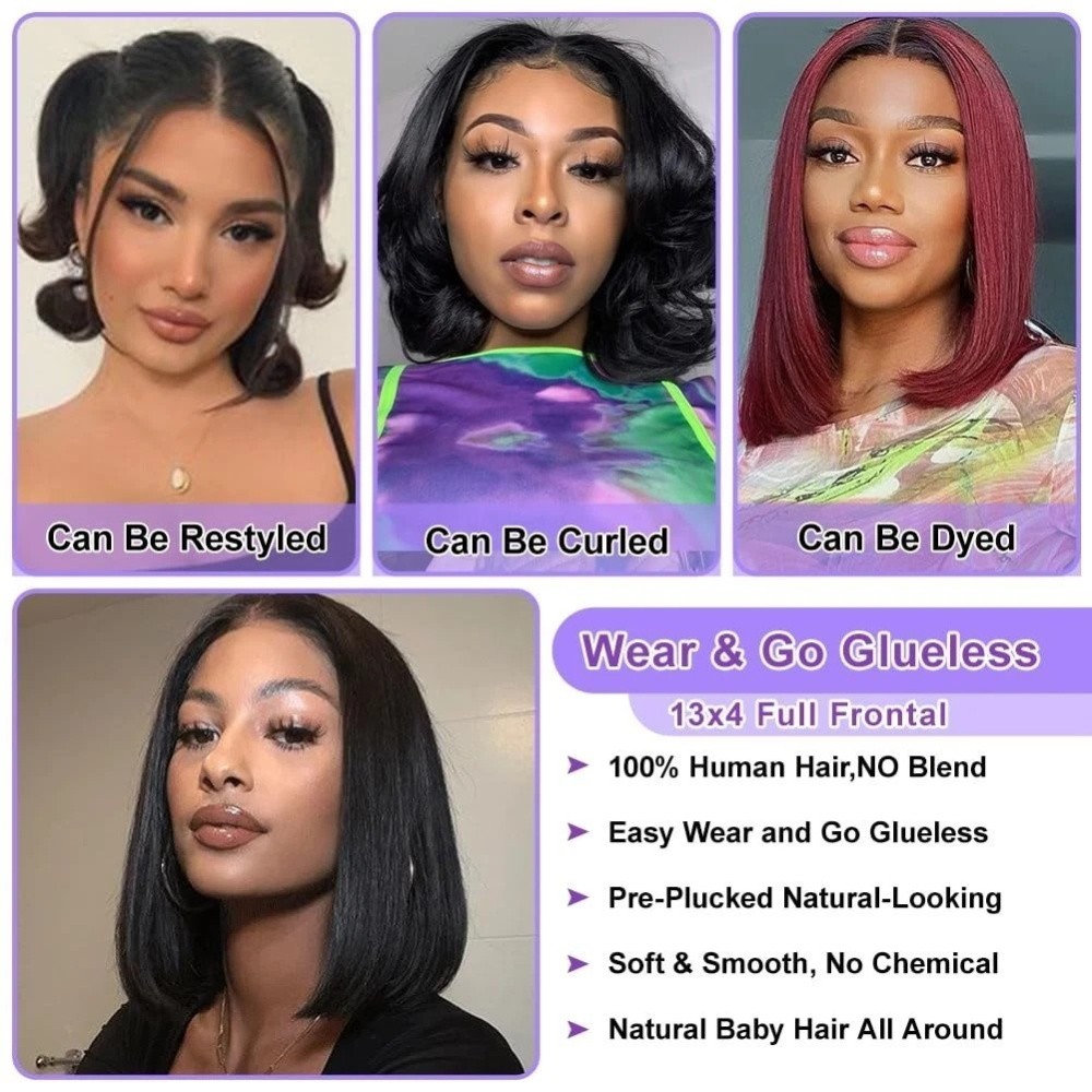 14″ Glueless Brazilian Bob Wigs Human Hair Natural Black Wave Lace Front Wigs