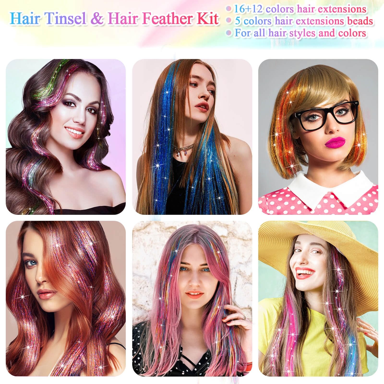 Hair Tinsel Kit, 16 Colors, 3200 Strands Tinsel & 12 Colors Hair Feathers – S…