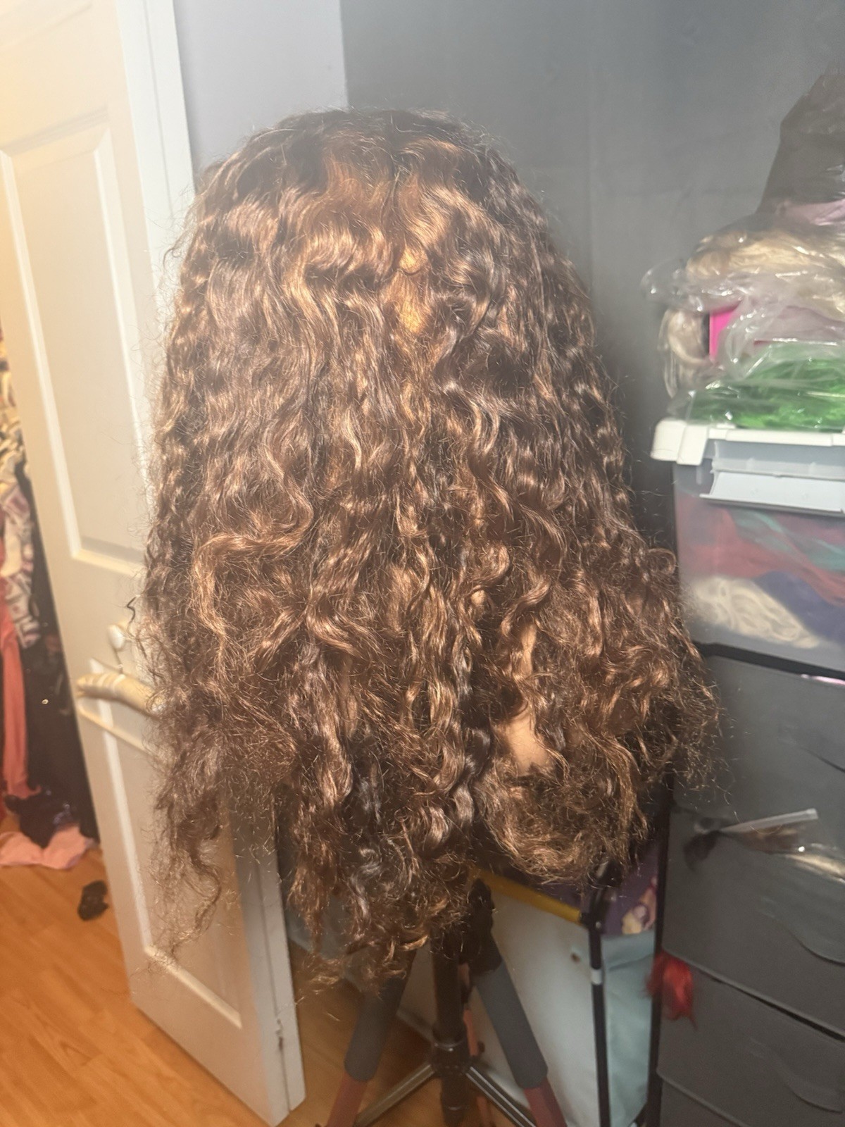 100% Human Hair 4×4 Lace Closure Wig Brown Curly Pre-Plucked 24-26