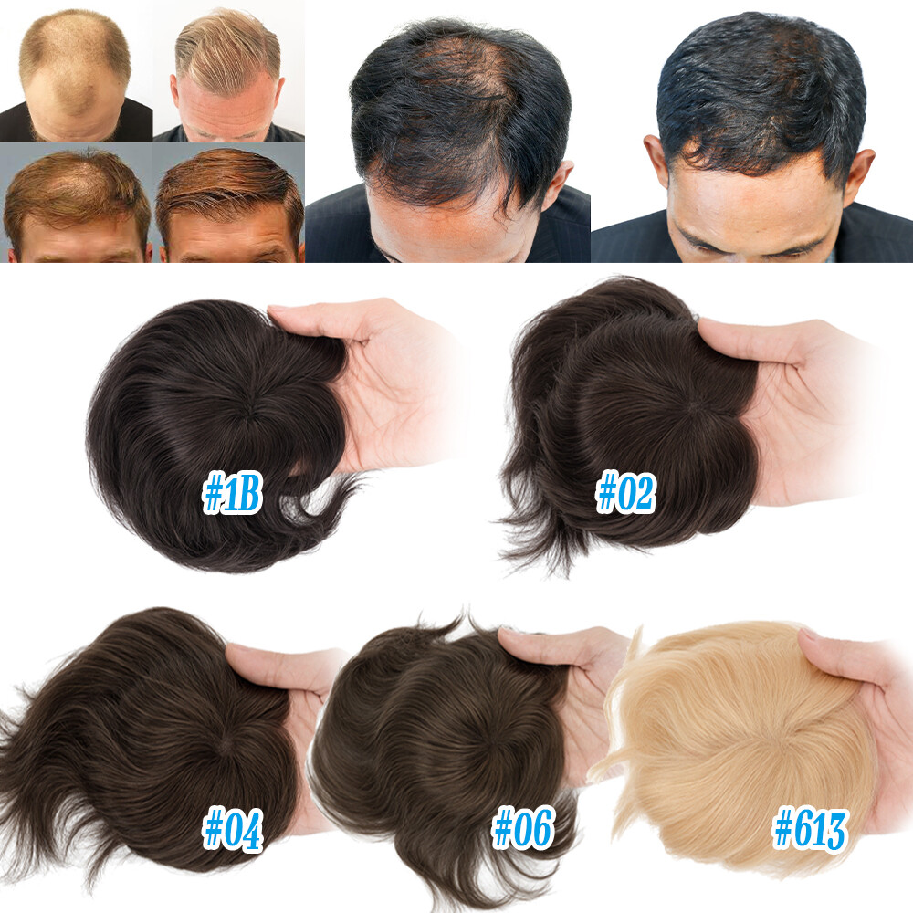 Mens Toupee Thin Skin PU/MONO Real Remy Human Hair Piece Toupee Replacement Wig