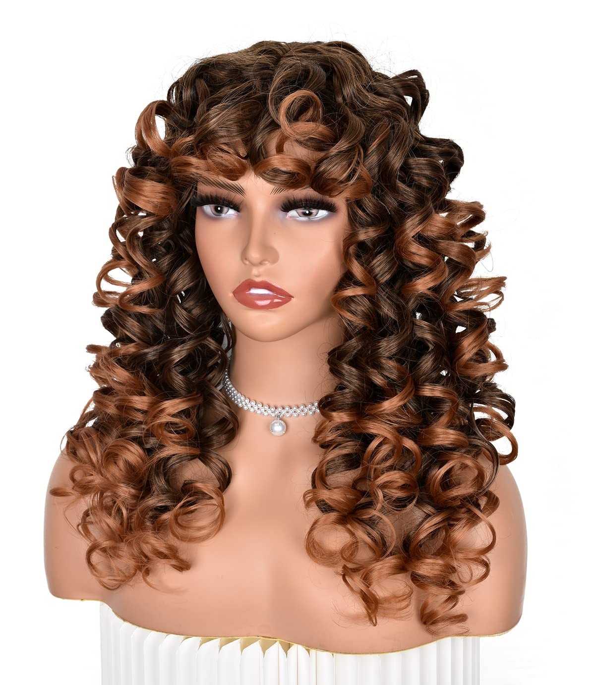 Ombre Brown Curly Wigs for Black Women Long Curly Afro Wig with Bangs for Wom…