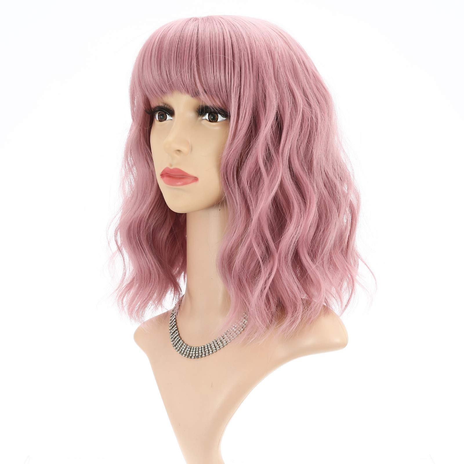 Short Pink Curly Wavy Wig with Bangs – 12″ Synthetic Costume Cosplay Hair for Wo