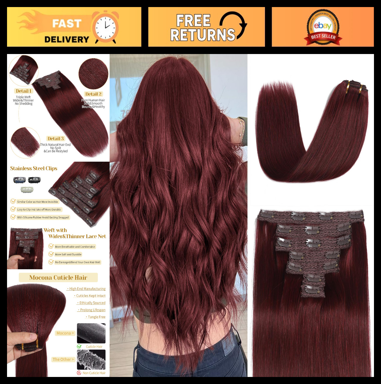 20″ Burgundy Red Clip-In Hair Extensions, 7pcs 70g, Real Human Hair, Soft & Stra
