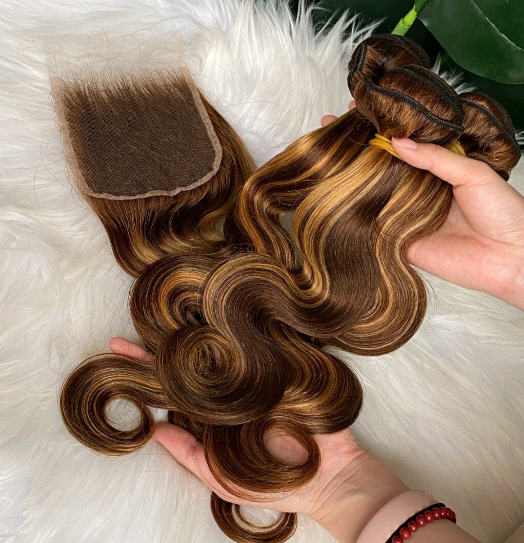 13A p4/27# BALAYAGE BRAZLIAN VIRGIN HUMAN HAIR BODY WAVE 18+18+18&18 HD CLOSURE