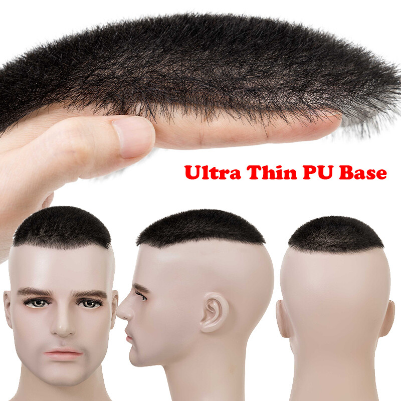 Real Remy Human Hair Piece Toupee for Men Thin Skin PU Buzz Cut Hairpiece Wig