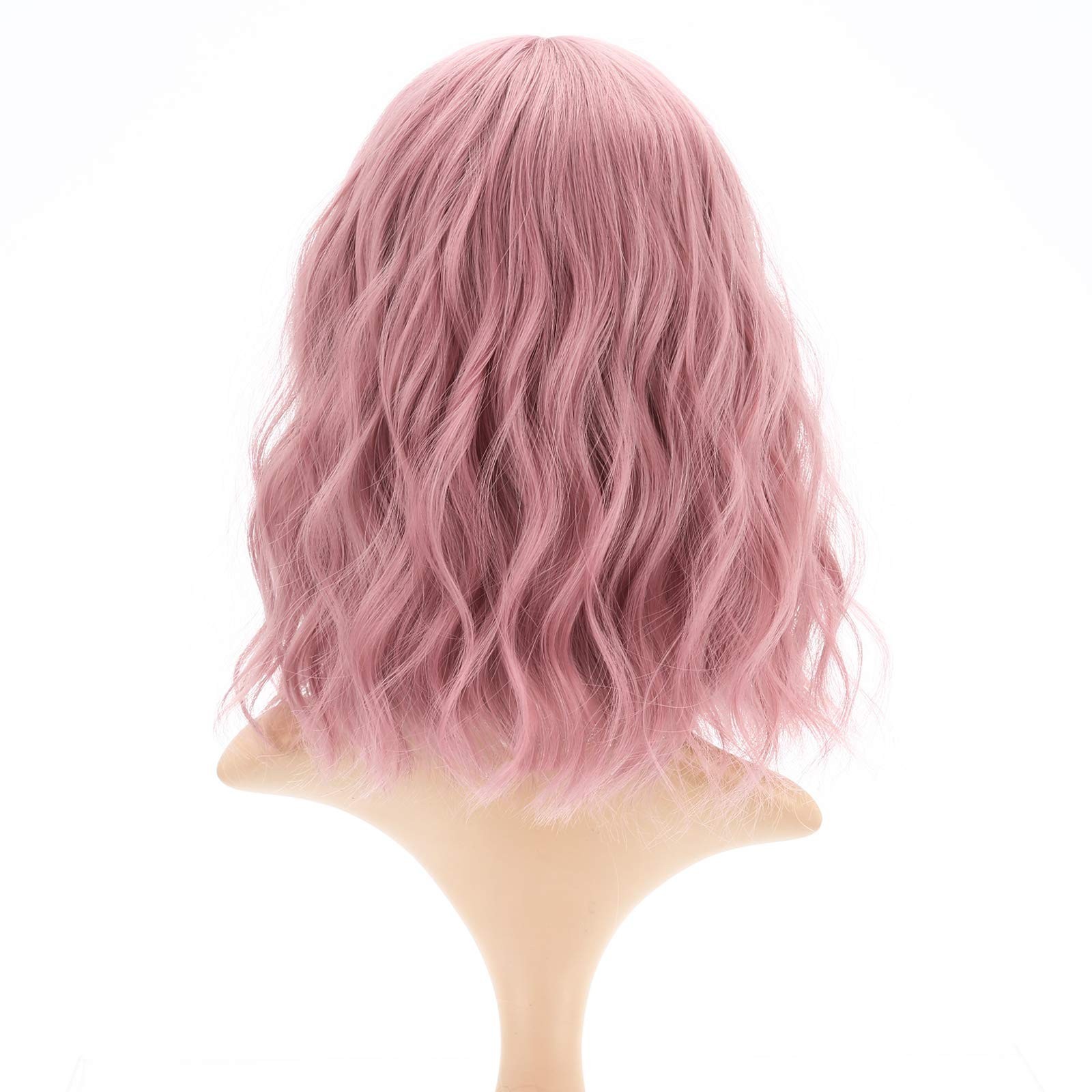 Short Pink Curly Wavy Wig with Bangs – 12″ Synthetic Costume Cosplay Hair for Wo