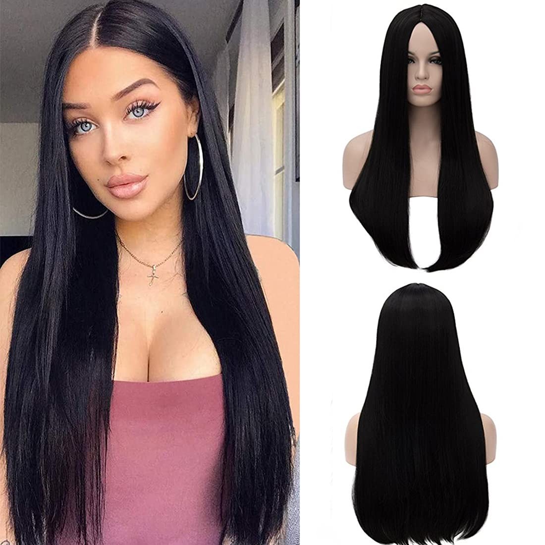 28″ Long Straight Natural Black Women Wednesday Addams Costume Morticia Wig