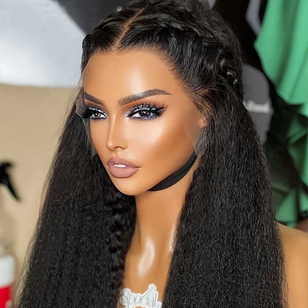 Kinky Straight Long Black Lace Front Wigs Women Daily Use Pre Plucked Hairline