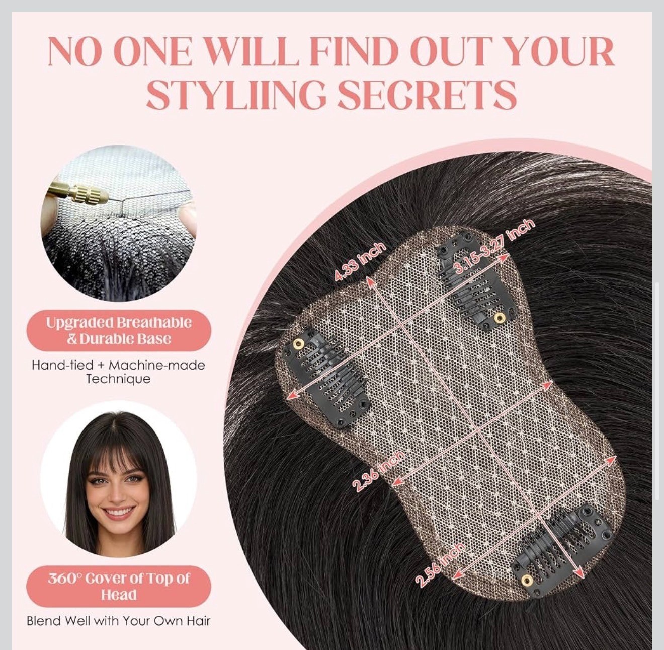 Hairro 14-Inch Human Hair Topper With Clips Natural Black Breathable Base Seamle
