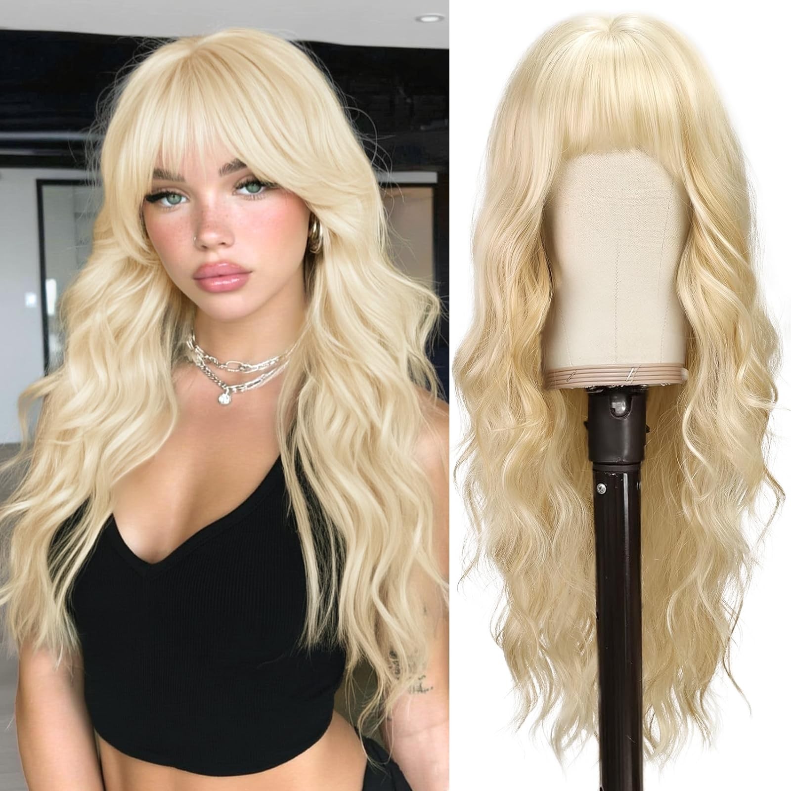 Long Wavy Blonde Wig With Bangs – 26 Inch Long Wavy Blonde Wig with Bangs for…