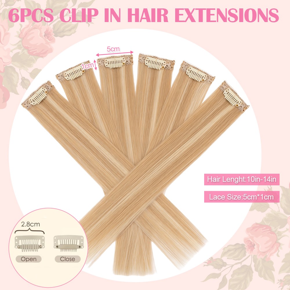 US 6pcs 6 Clips in Remy Human Hair Extensions Hairpiece Short Straight Highlight
