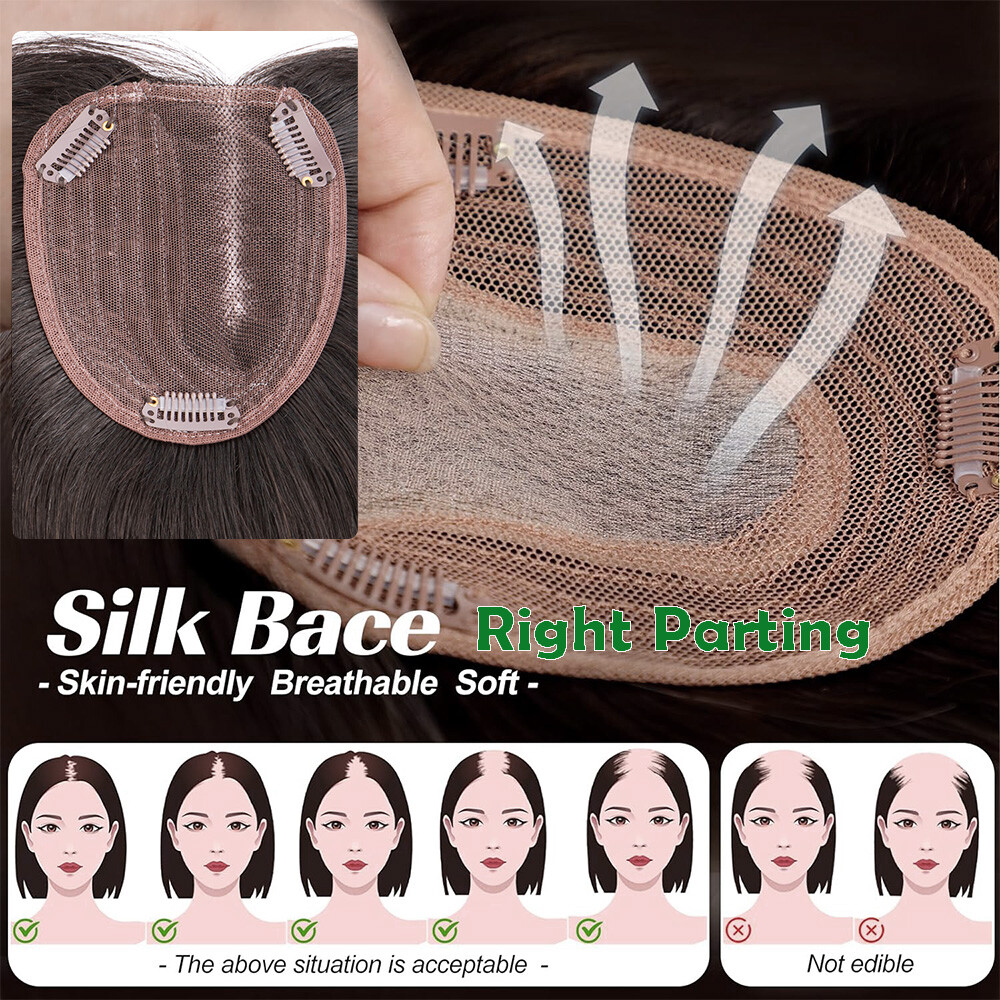 Women Topper Remy Human Hair Clip In Silk Lace Base Top Hairpiece Wigs Side Part