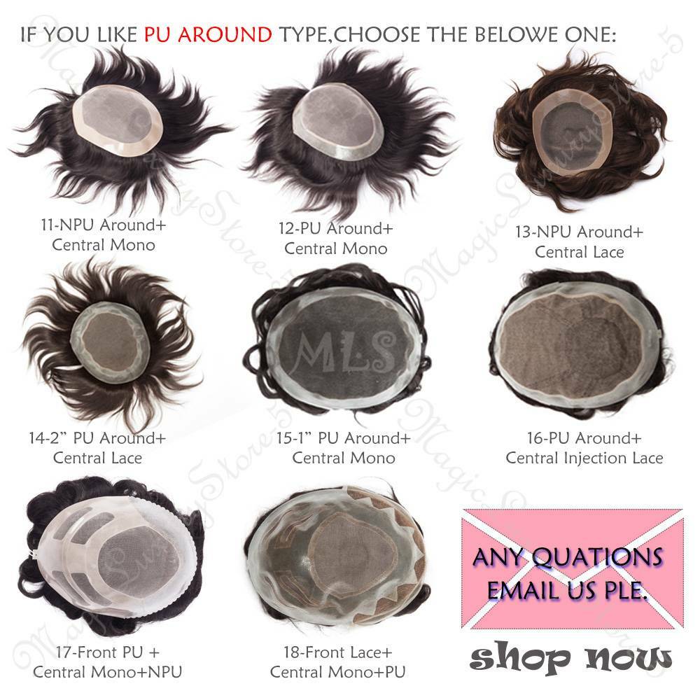 Fine Mono Mens Toupee Hairpiece Poly Skin Human Hair Replacement System Wigs US