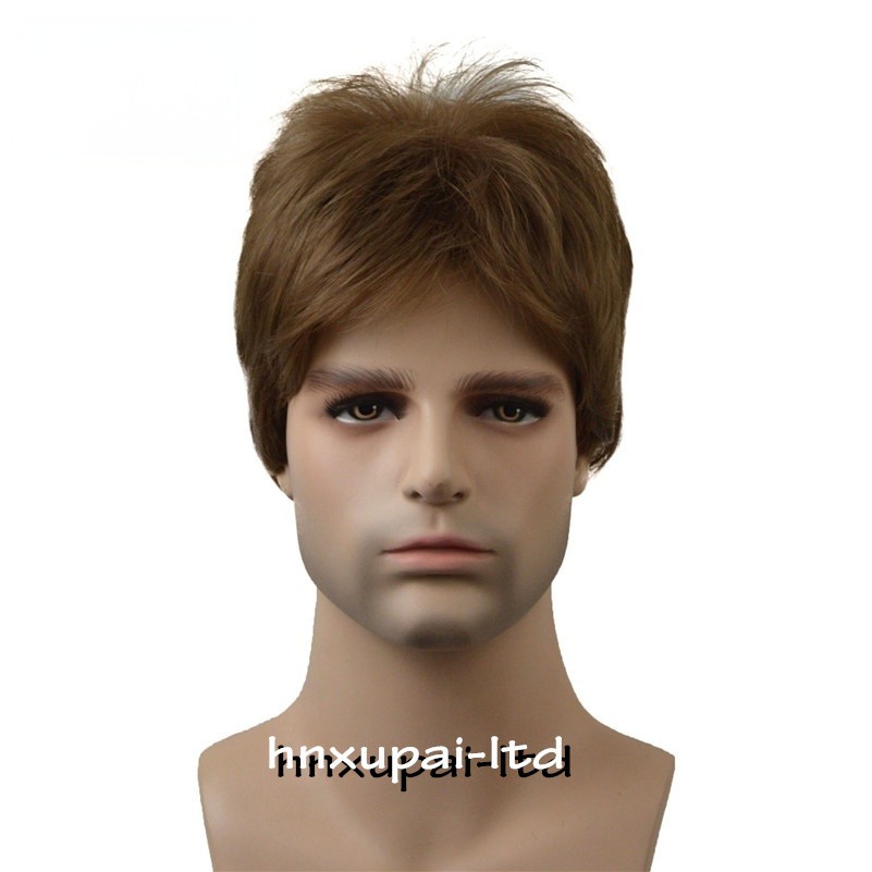 Men Male Brown Mixed Blonde Natural Mid Age Short Wig Straight Synthetic Hair