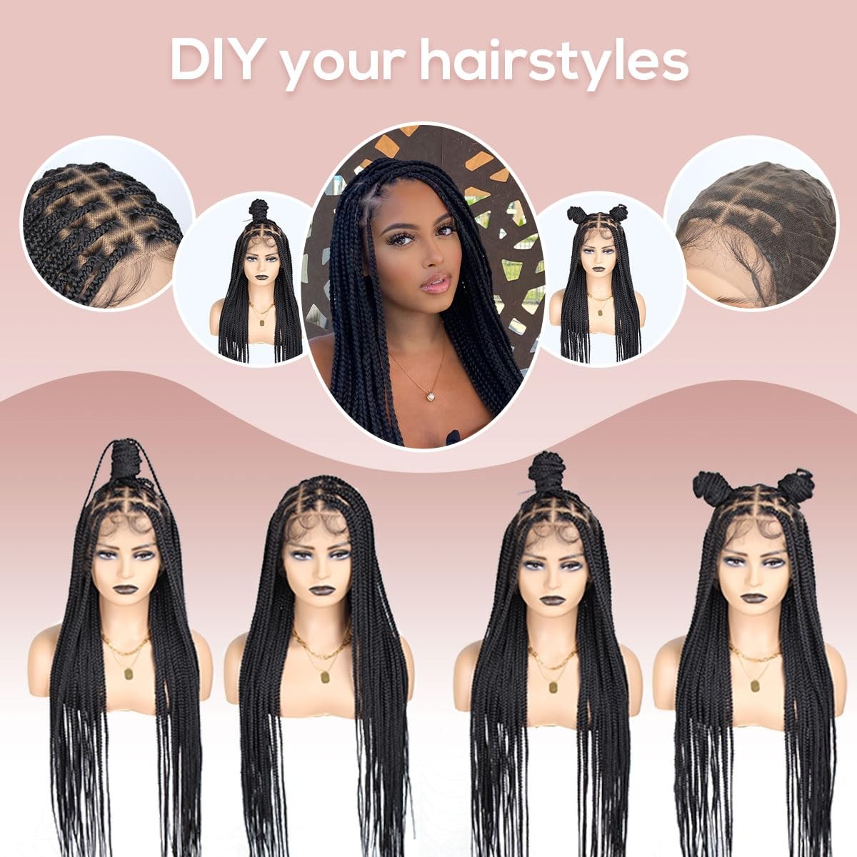 36 Inch Full Lace Braided Wigs for Black Women, 360° HD Single-layer Square Knot