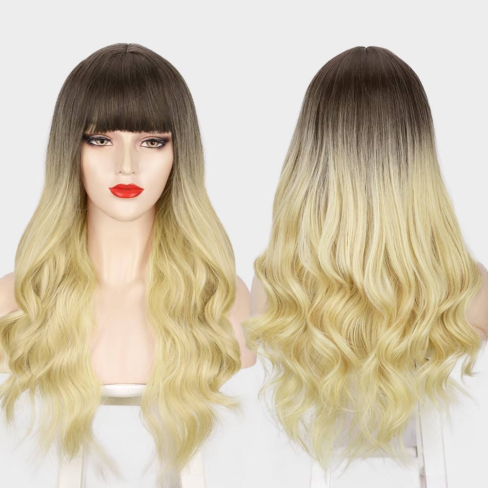 26 Inch Curly Wavy Wig with Bangs Synthetic Hair for Women Natural Looking Ha…