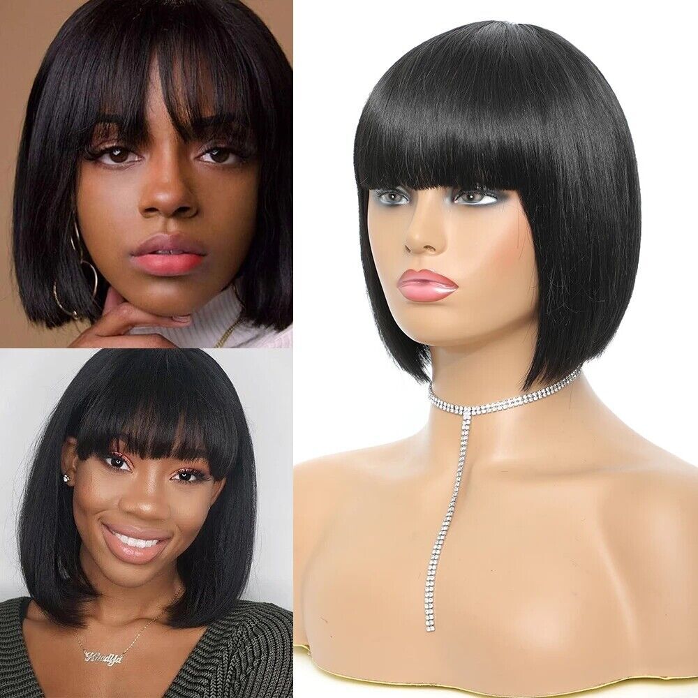 Black Bob Wig with Bangs 13″ Short Bob Wigs Women Short Black Wig Heat Daily USA