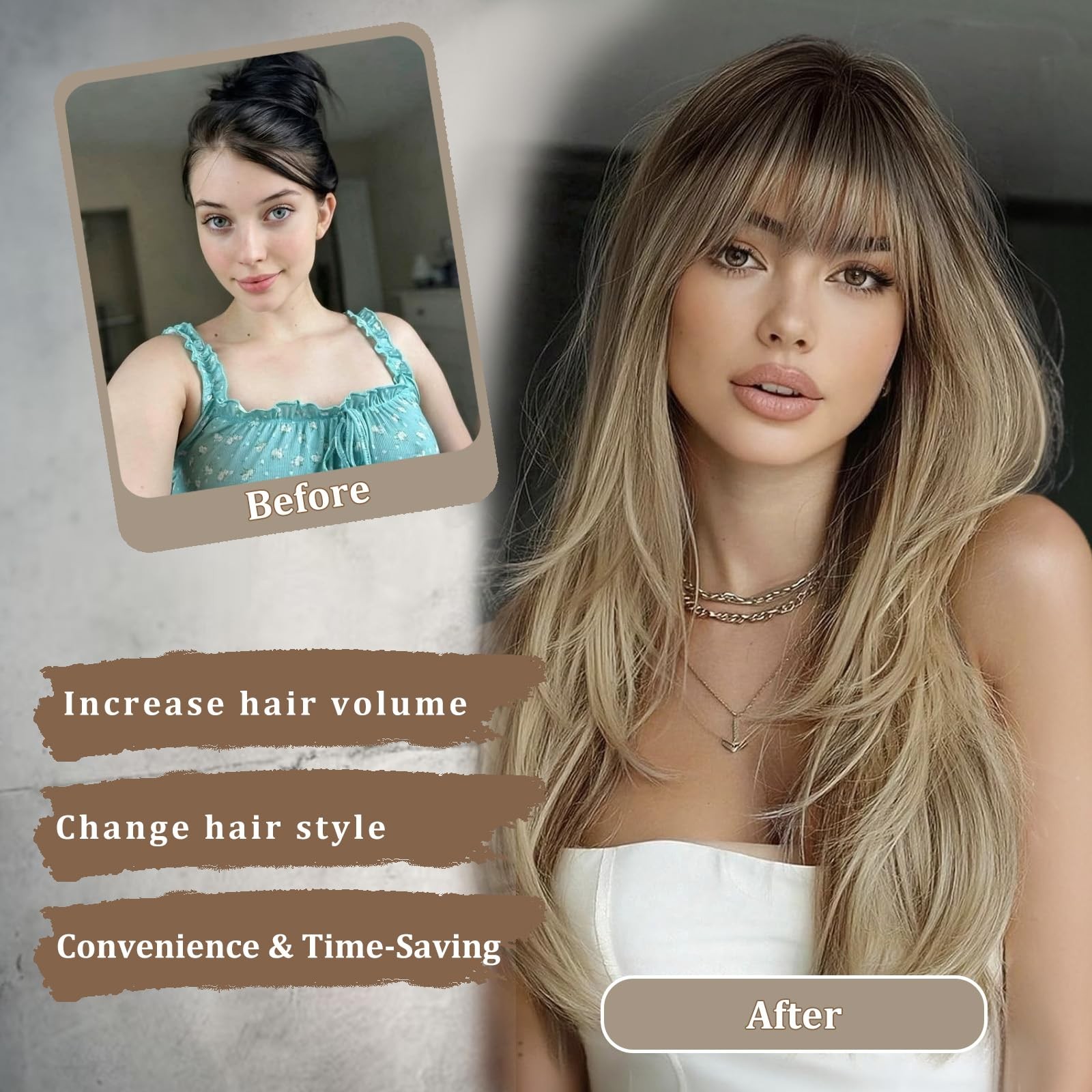 Ombre Blonde Layered Wig with Bangs 26 Inch Long Wavy Blonde Wigs for Women H…