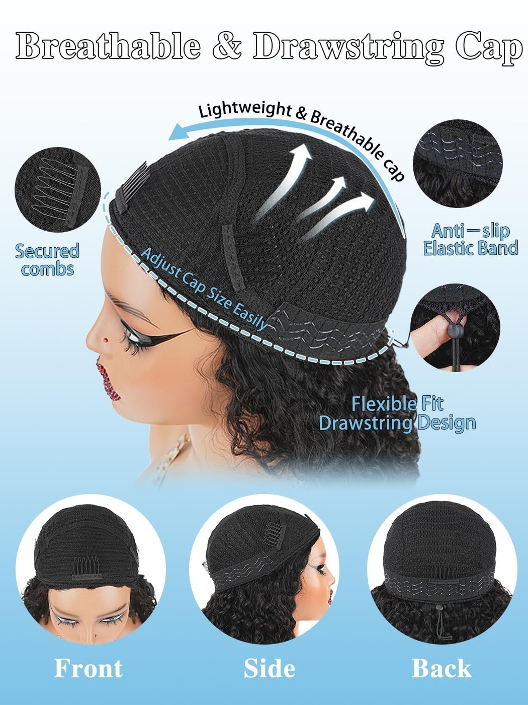 18″ Curly Half Wig Human Hair for Black Women – Glueless Drawstring, 180% Densit