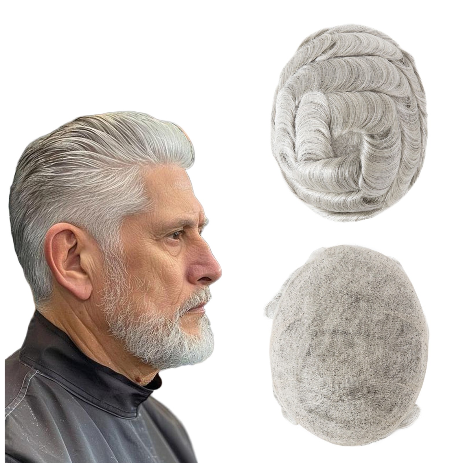 Mens Toupee Swiss Lace Human Hair Replacement Systems Grey Hair Pieces #580