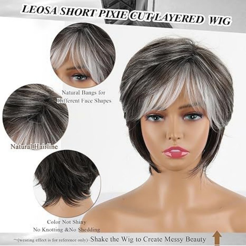 Women’s Salt and Pepper Pixie Cut Wig Short Layered Synthetic Hair