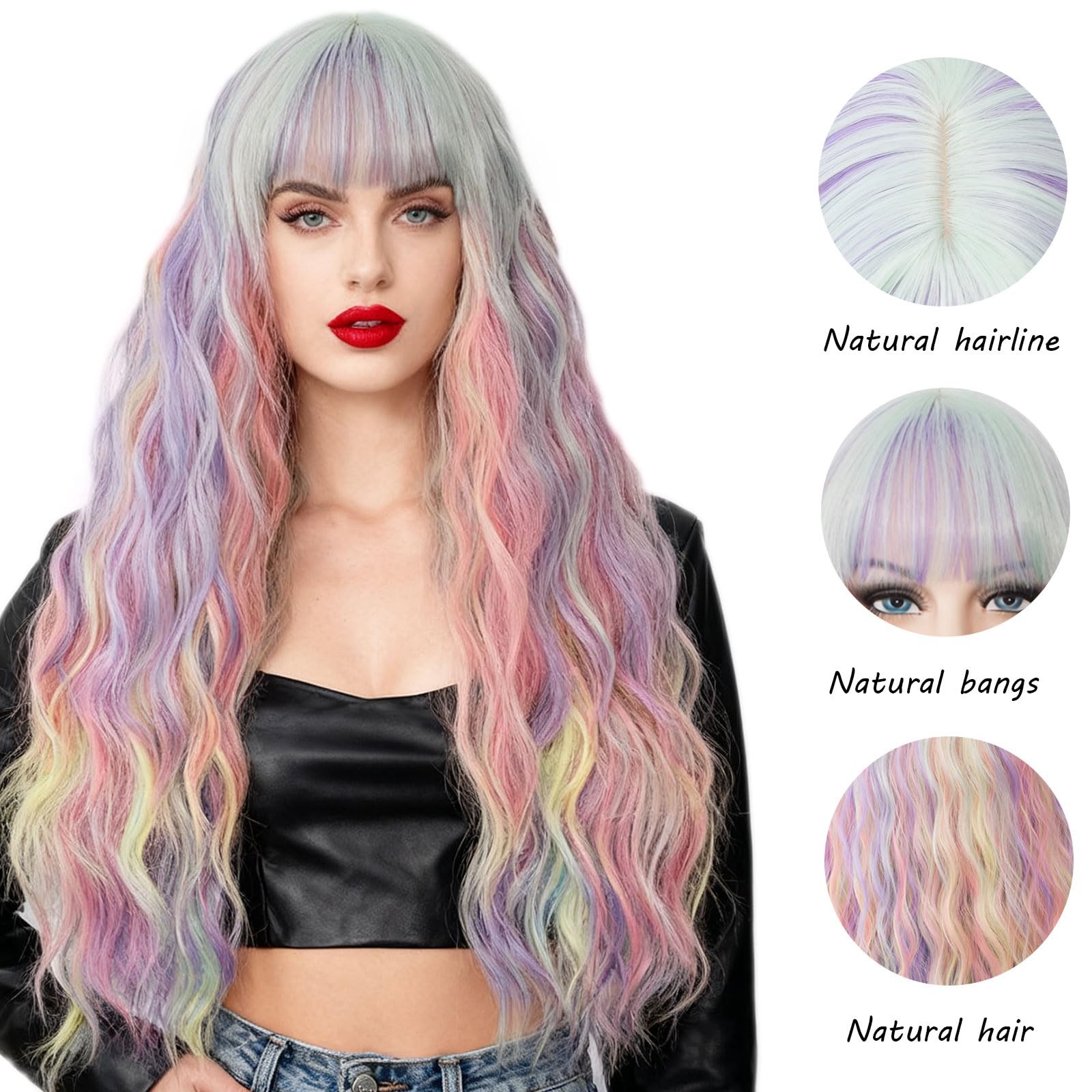Women’s Multi Color Rainbow Wig 27 Inches Long Curly Wavy Hair Wig Heat Resis…