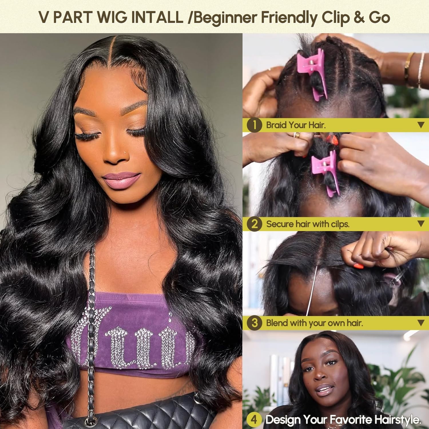200 Density Body Wave V Part Wig – No Glue, No Sew, Drawstring Half Wig, 22 Inch
