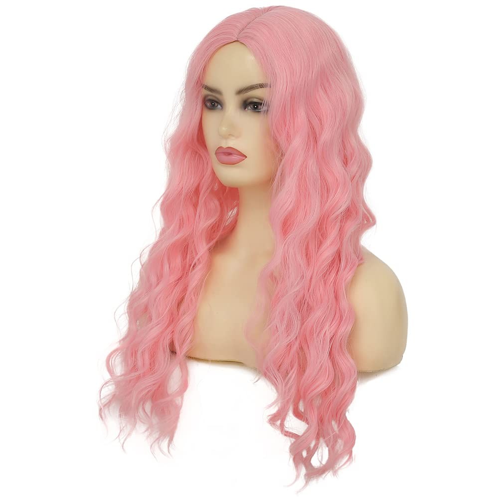 Pink Curly Long Wigs for Women Wavy Wig Middle Parting Hair Natural Looking S…