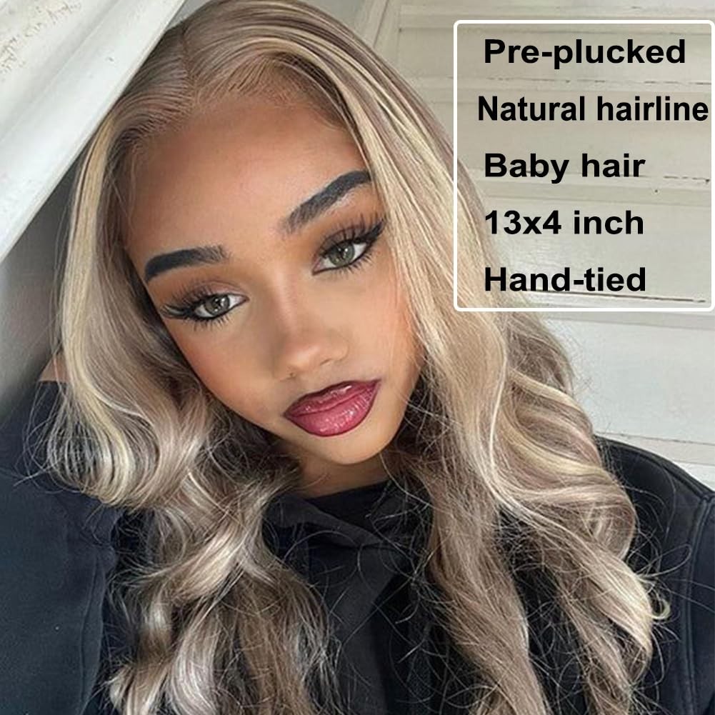 Share Ash Blonde Highlight Lace Front Wig 13×4 Glueless Wavy 24 Inch Ombre