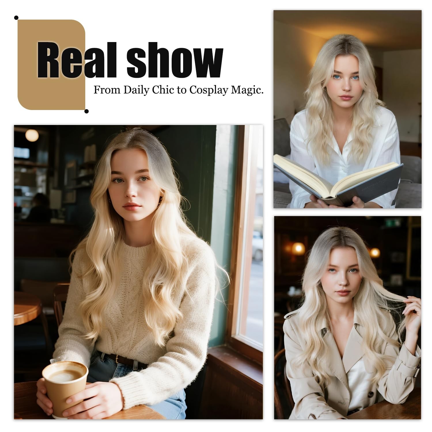 Long Wavy Ombre Blonde Wig with Curtain Bangs for Women 26 Inch Blonde With D…