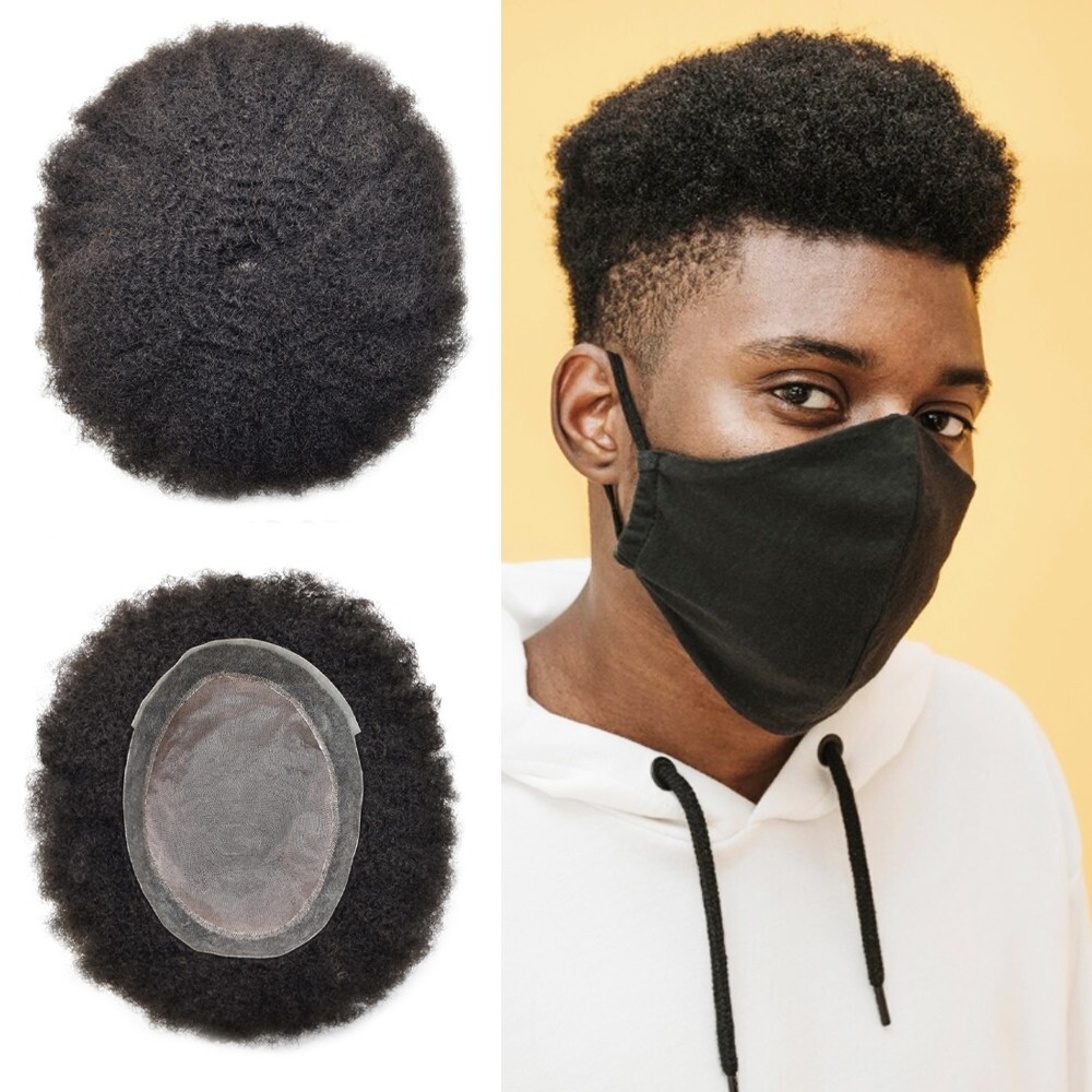 Afro Toupee for Black Men Durable Mono Afro Weave Kinky Curly Mens Wig Hair Unit