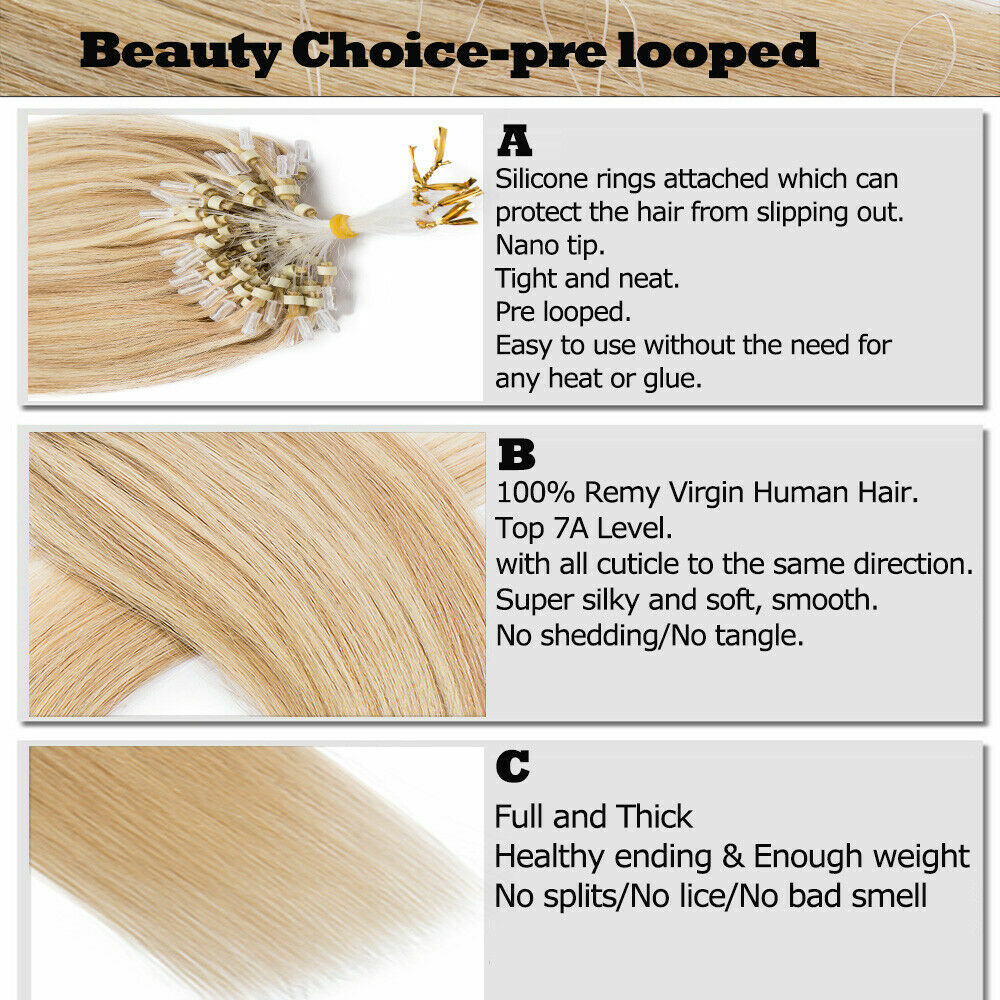 Easy Loop Micro Ring Link Hair Extensions Micro Beads Remy Human Hair 100-200str