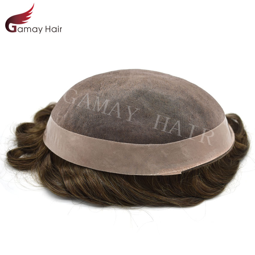 Fine Mono Mens Toupee Hairpieces Poly Skin Around Human Hair Replacement Systems