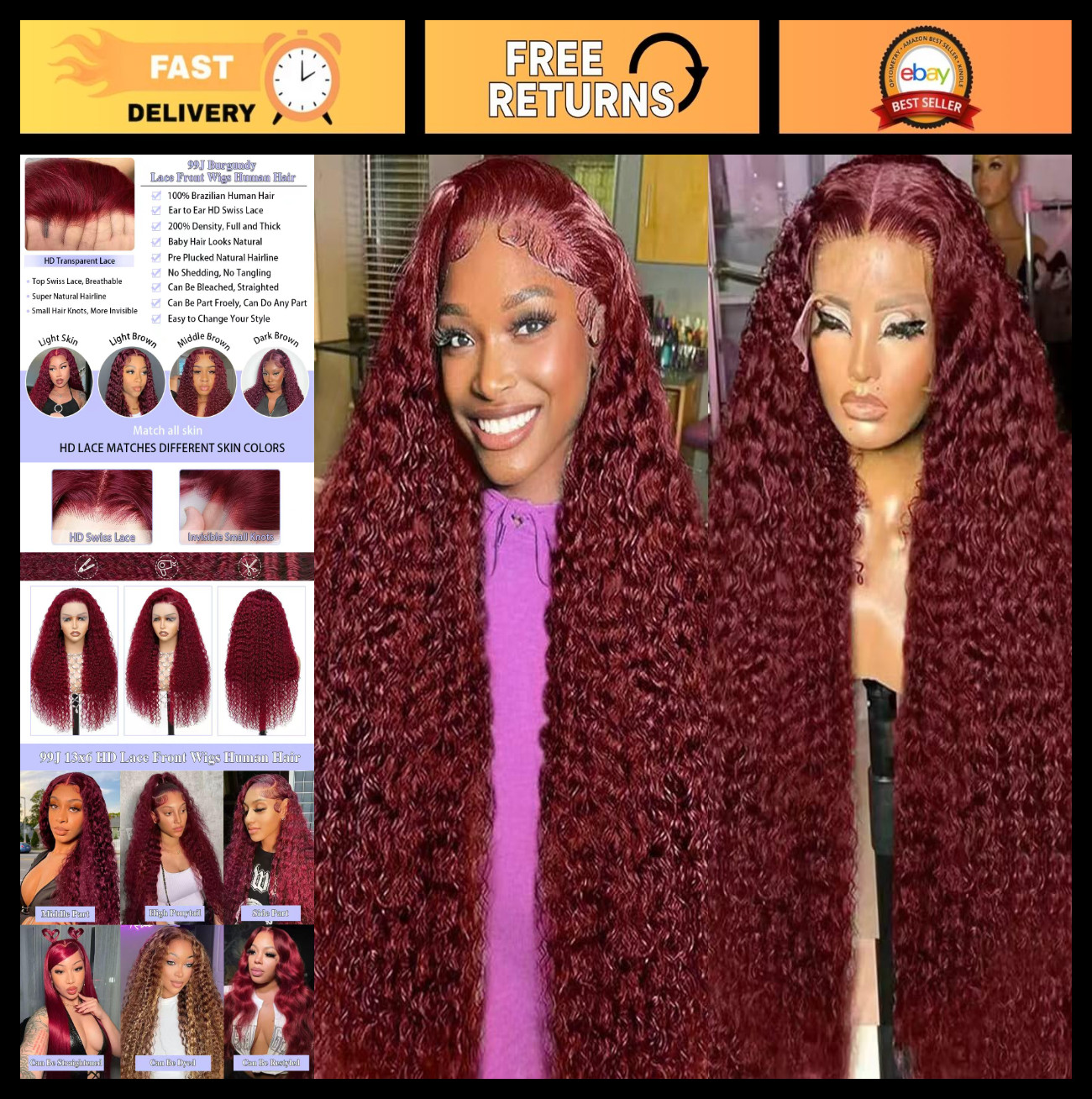 30″ 99J Burgundy Deep Wave Lace Front Wig – 200 Density, Pre-Plucked, Curly Hair