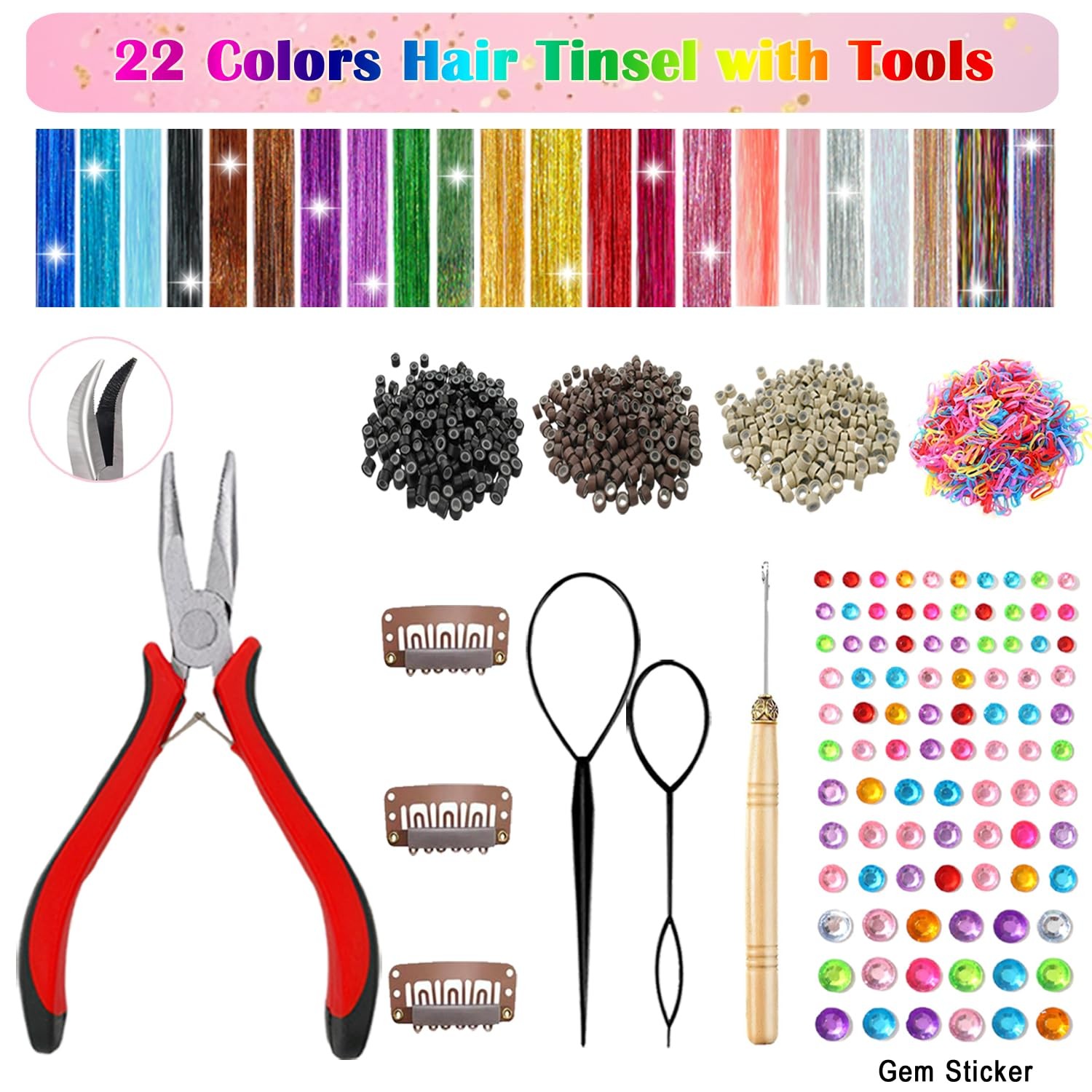 Hair Tinsel Kit, 22 Colors 8200 Strands Glitter 22