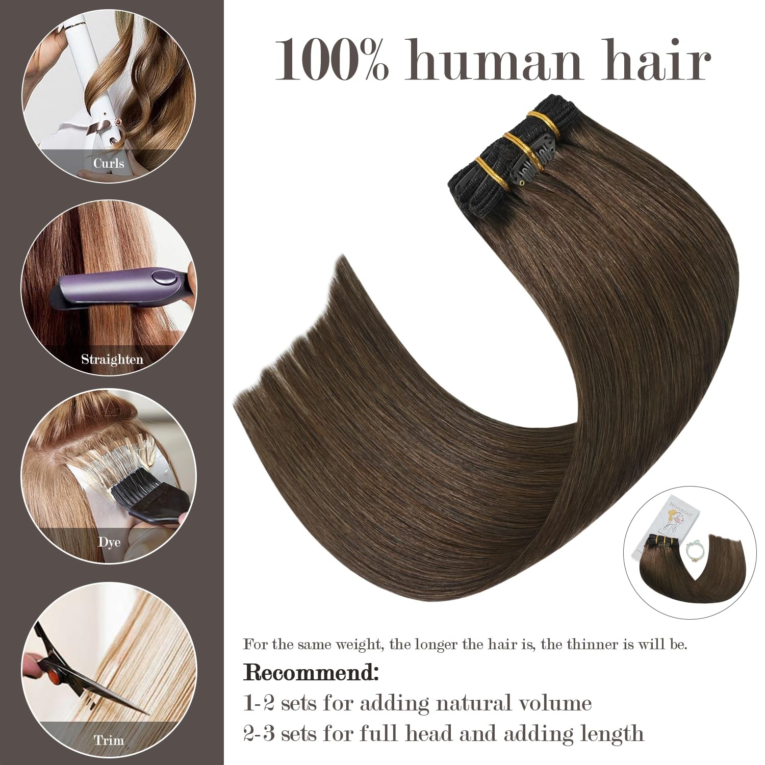 Brown Real Human Hair Clip In Hair Extensions Medium Brown 70g 7pcs 15in Silk…