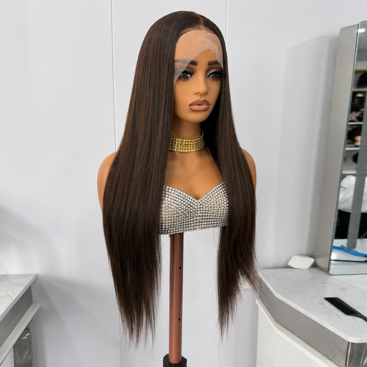 Brown Heat Resistant Synthetic Hair Long Straight Frontal Lace Wig